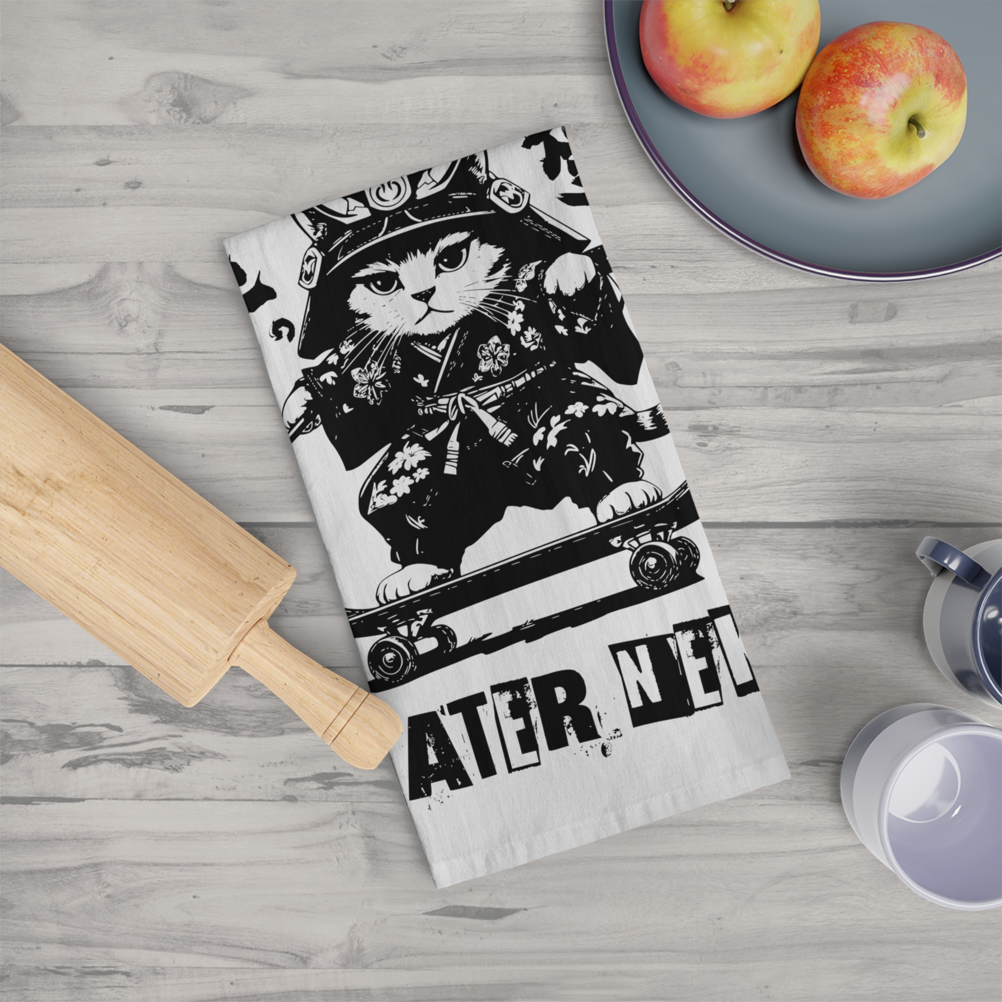 Samurai Skater Cat Cotton Tea Towel - Image 2